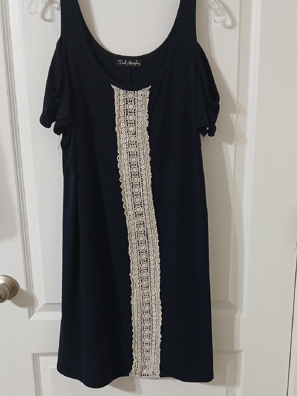 French Atmosphere Navy Cold Shoulder Dress with Ivory Lace Panel
